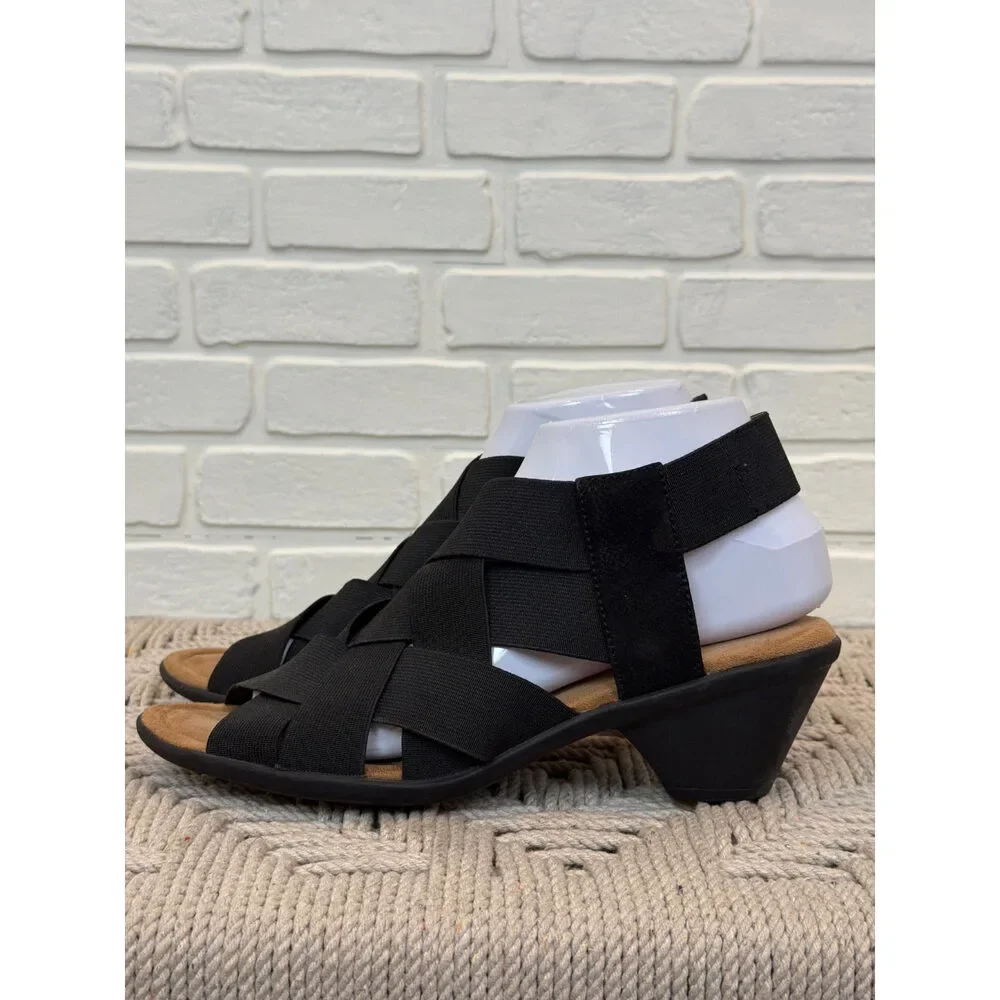 Comfortiva Woven Elastic Wedge Sandals Black Size 8.5
